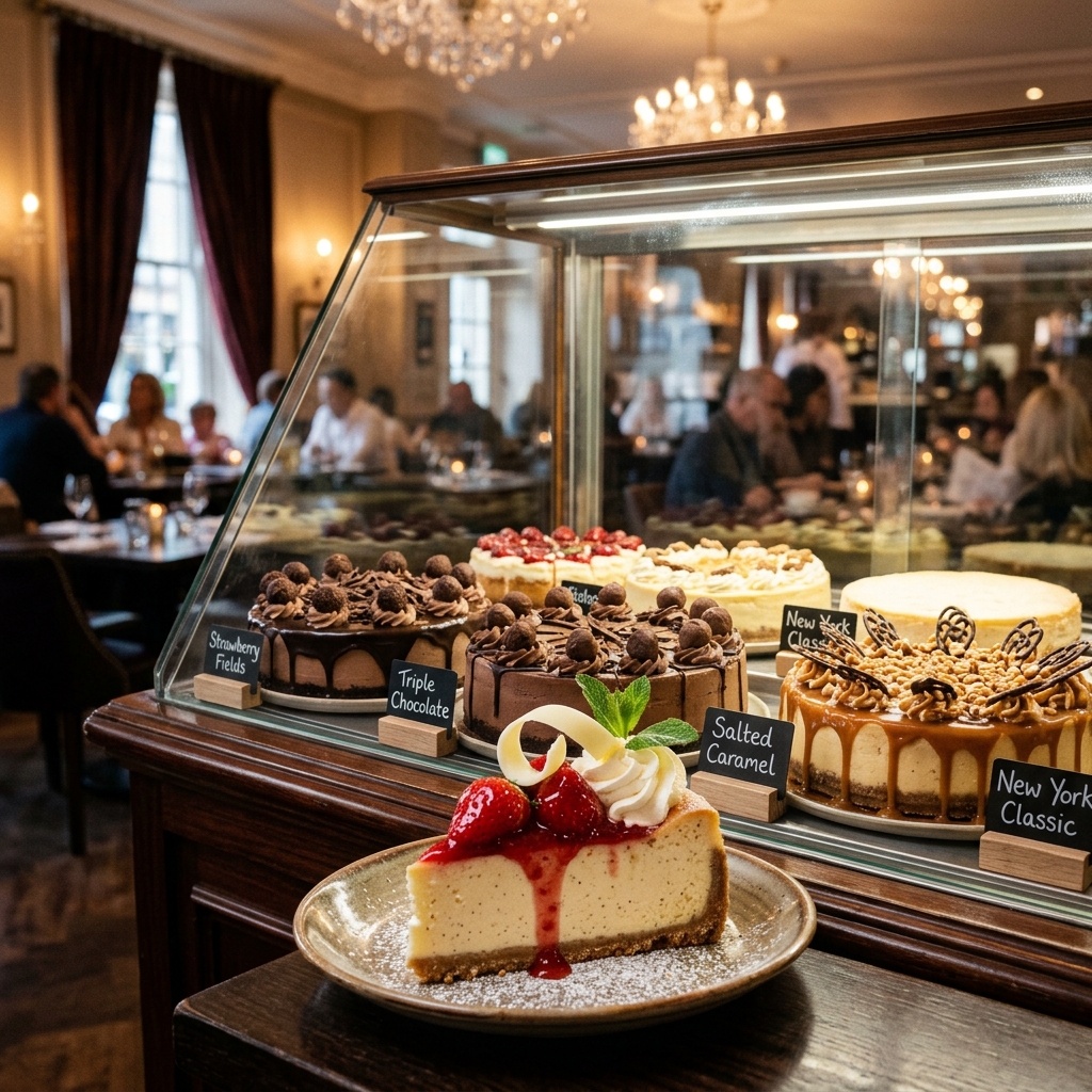 Luxurious display of cheesecakes