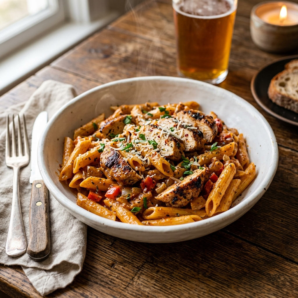 A rustic pasta dish representing the savory menu